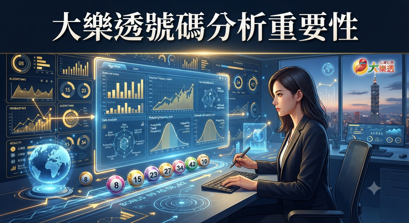 這張圖片展示了一位專業人士正在使用高科技數據面板進行大樂透號碼分析。 畫面強調了透過數據視覺化與演算法研究彩券趨勢的重要性。