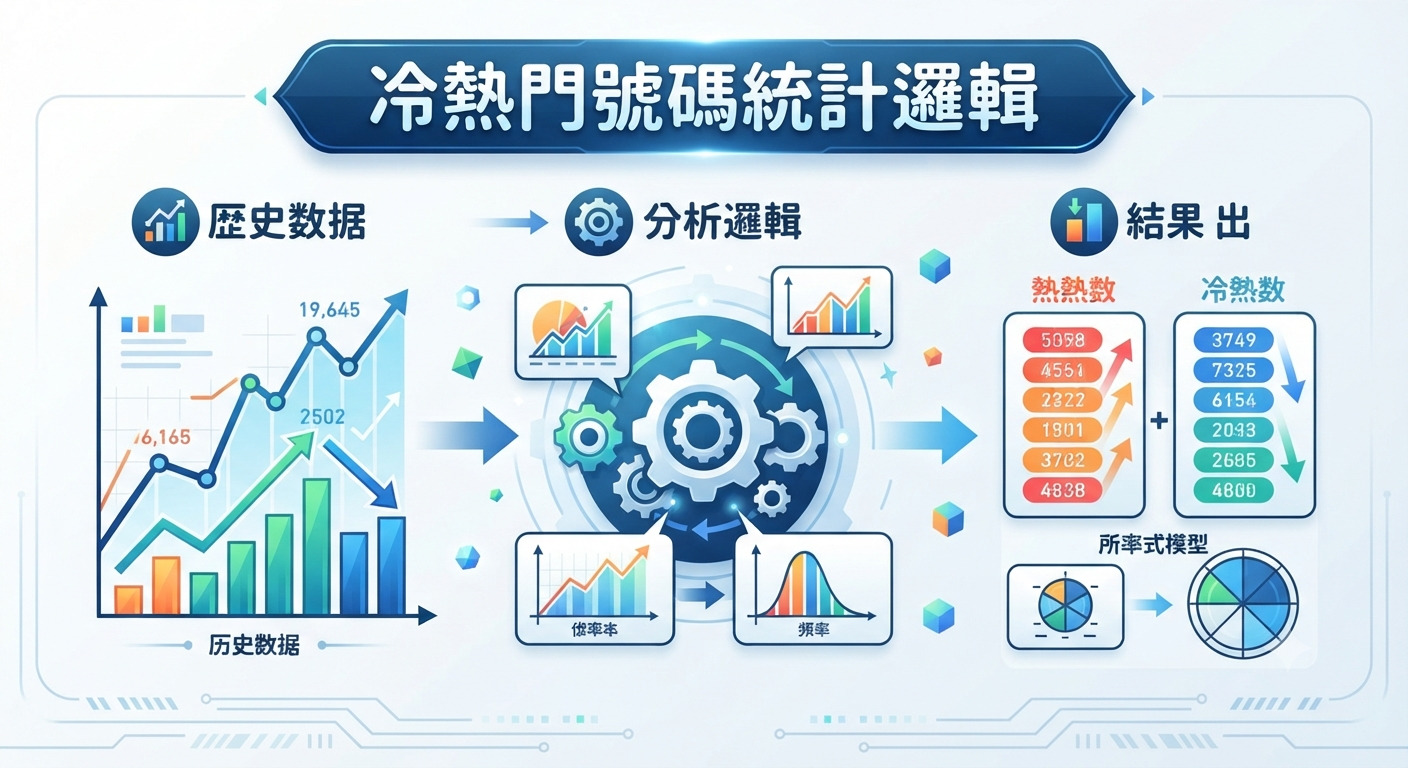 這張圖表展示了「冷熱門號碼統計邏輯」的分析流程,透過歷史數據與分析模型,將號碼區分為熱門與冷門類別。 整體設計採用數據視覺化風格,以圖表與流程圖清晰呈現從資料輸入到統計結果輸出的運作機制。